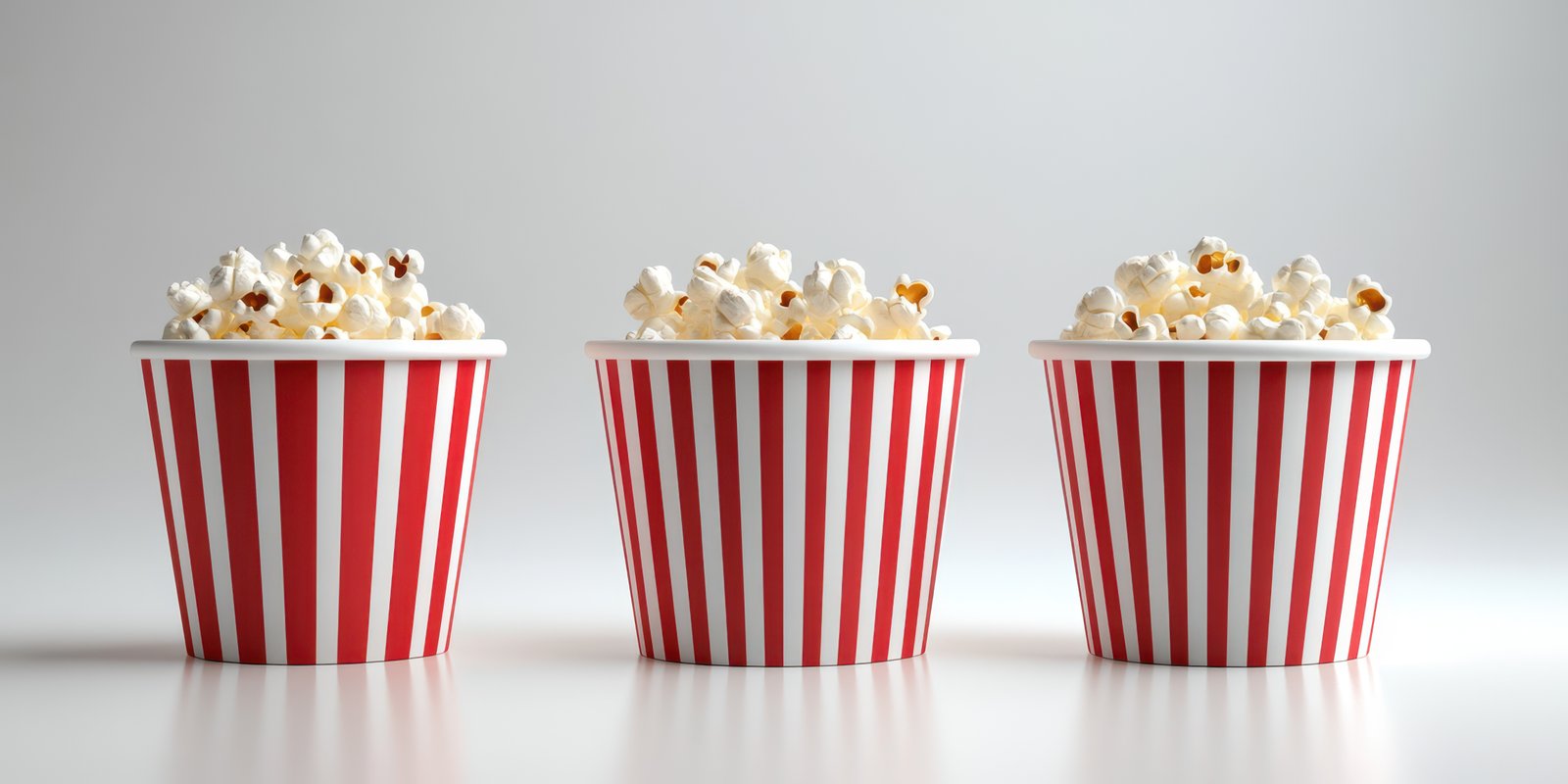Containers filled with popcorn in red and white stripes on a plain surface ready for a movie night
